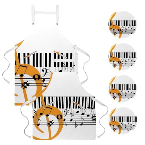 Lot de 2 tabliers de cuisine avec 4 broches à motif musique de piano en taille One Large