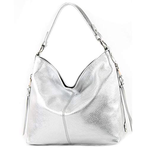 modamoda de T160 Damen Leder Schultertasche Henkeltasche Large handmade in Italy, Farbe:T160 Silber