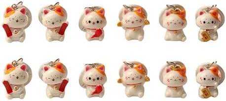 12-Piece 3D Lucky Cat Keychains with Bell – 6 Unique Cartoon Designs, Resin & Iron Alloy for Bags & Accessories image 2