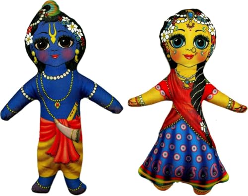 Image of Radha Krishna with Cow and Calf Stuffed Toy Set - Soft Plush Dolls for Kids & Toddlers | Devotional God Toys for Babies | Shri Radhe Krishna Toy Set