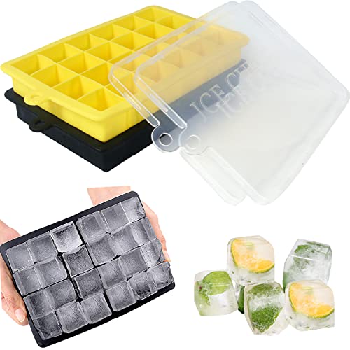 Cubiteras para Hielo con Tapa, Moldes para Cubitos de Hielo 2pcs, 24 Bandejas Molde Silicona Sin BPA, para Congelarse Alimentos para Bebés, Cola,Cócteles Cola Whisky Amarillo Negro Cover