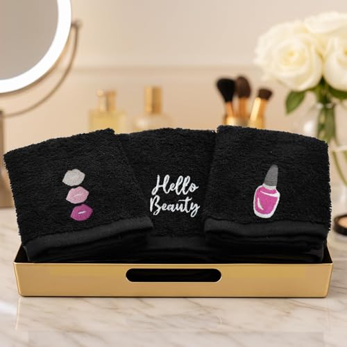 Image of DAN River Black Makeup Towels - Pack of 6 (13x13 in) - Ultra Soft Cotton Face Towels with Embroidery - Reusable, Quick-Dry & Machine Washable Makeup Remover Cloths for Bathroom, Spa & Salon