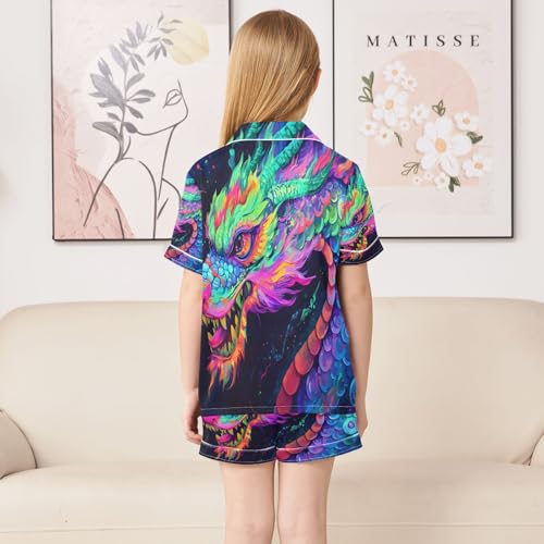 ALAZA Colorful Dragon Black Satin Pajamas Set Short Sleeve Button Down Sleepwear Summer Pjs 2 Piece4