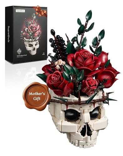 iATOM Skull Roses Flower Bouquet Building Set, Botanical Collection Kit for Adult Women, Birthday Gifts for Mothers Day for Her/Girlfriend/Mom/Wife/Couple, Goth Horror Skeleton Pot Home Table Decor