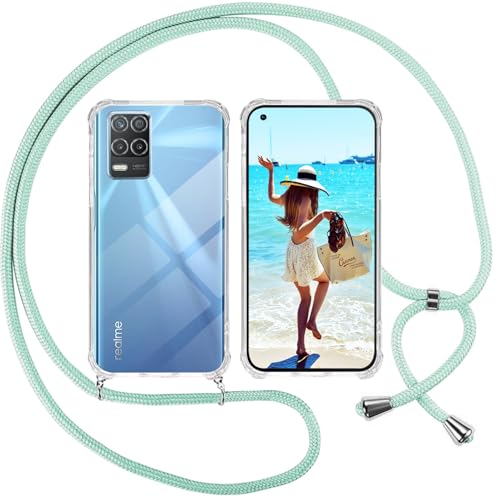 ISOI Funda con Cuerda para Realme 8 5G, Carcasa Transparente TPU Suave Silicona Case con Correa Colgante Ajustable Collar Correa de Cuello Cadena Cordón, Verde