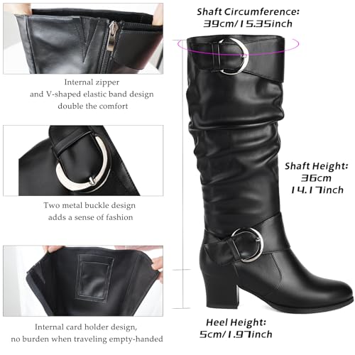 Women Black Knee High Boots Wide Calf Slouch Riding Boots for Women Buckle Comfort Tall Block Mid Heel2