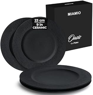 MIAMIO - 23 cm, Zestaw 4 talerzy obiadowych/zestaw talerzy ceramicznych, zestaw naczyń czarny - nowoczesne czarne talerze, można myć w kuchence mikrofalowej i zmywarce - kolekcja Oasis