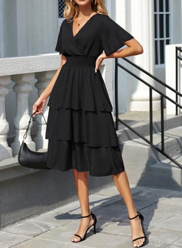 Ruffle Sleeve Wrap V Neck Midi Dresses for Women Causal Summer Smocked Waist Tiered Layered Glitter Chiffon Dress4