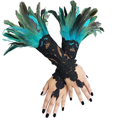 UQJE 2 Pcs Womens Cyan Feather Gloves Gothic Lace Long Gloves Cuff Witch Angel Costume Accessories for Wedding Halloween Party