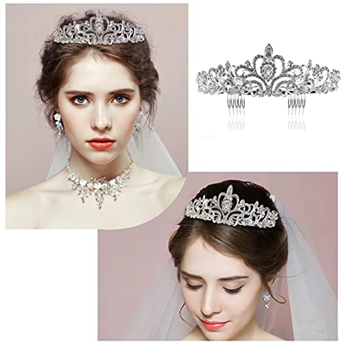 Tinksky Princess Tiara with Comb Shining Crystal Rhinestones Wedding Bridal Tiara Headband (Silver)