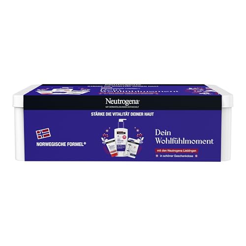Neutrogena Norwegische Formel Wohlfühl Geschenkset in Metalldose 1 Stk., mit Deep Moisture Sofort einziehende Bodylotion, Handcreme unparfümiert und Lippenpflege