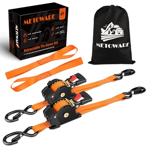 Image of METOWARE Retractable Ratchet Straps (2-Pack) - 1 in x 10 Ft (1500lb Break Strength) - Heavy Duty Auto Self Retracting Tie Down Straps for Truck, Trailer, Cargo Van, Motorcycle - Orange