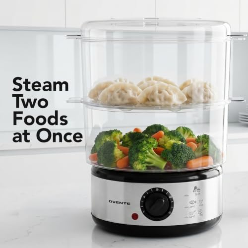 Image of OVENTE 2-Tier Electric Food Steamer, 5 Quart Stainless Steel Stackable Steam Cooker with 400W Power, 60-Minute Timer & Auto Shut-Off, Dishwasher Safe, Healthy Vegetable & Seafood Steamer, Silver FS62S