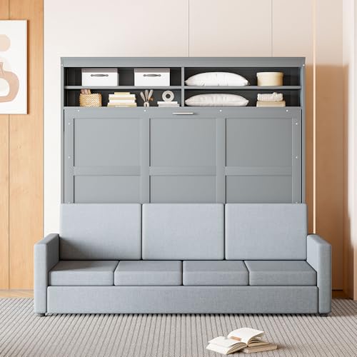 Virubi Queen Murphy Bed with Sofa and Storage, Wood Murphy Bed Cabinet with Storage and 4 Seat Couch, Grey