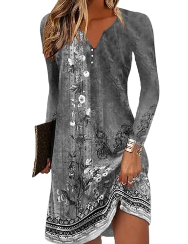 Yeenily Mujer Vestido Cuello Redondo Manga Larga Imprimir Túnicas Mini Ajustado Casual Vintage Otoño Vestir(Gris Oscuro,M)