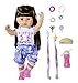 Zapf Creation 830352 BABY born Sister brunette 43cm - Puppe mit lebensechten Funktion und langen blonden Haaren zum Kämmen und Frisieren mit Jumpsuit, Leggings und viel Zubehör