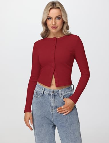 Womens Long Sleeve Tops Fall Lightweight Cardigan Cropped Going Out Shirts Ribbed Button Down Cute Trendy 2025