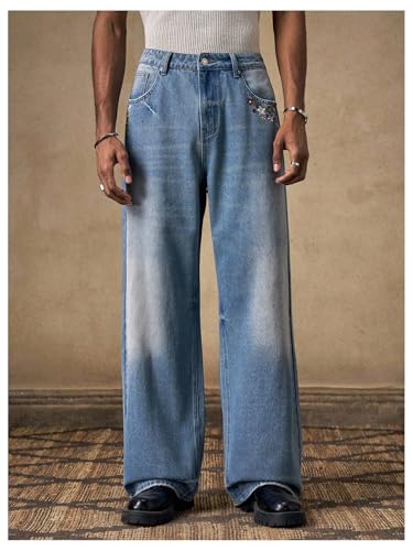 Men's Floral Embroidery Baggy Jeans High Waisted Wide Leg Denim Pants with Pockets3