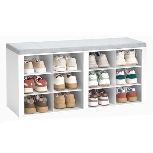 Hzuaneri Banco Zapatero, Mueble Zapatero con Acolchado, 12 Compartimentos, 30 x 104 x 49 cm, para Salón, Pasillo, Dormitorio, Blanco SB19003GY