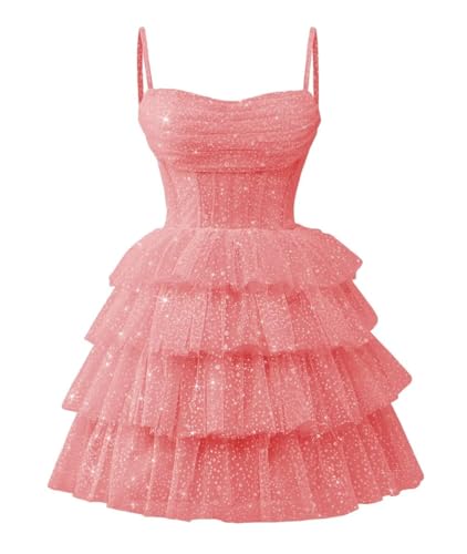 Sparkly Tulle Homecoming Dresses for Teens Spaghetti Straps Cocktail Dress Short Tiered Prom Ball Gown4