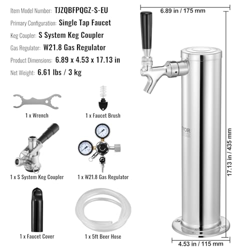 VEVOR Kegerator-Bierturm-Kit, Einzelzapfhahn-Bierumrüstsatz, Edelstahl-Fass-Bierturm-Zapfanlage mit Doppelmessgerät W21.8-Regler und S-System-Fasskupplung für Partys zu Hause