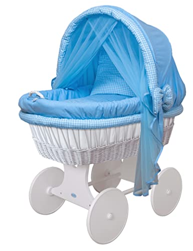 Waldin Baby Stubenwagen-Set mit Ausstattung, XXL, Bollerwagen, komplett, 24 Modelle wählbar, Gestell/Räder weiß lackiert, Stoffe blau/kariert
