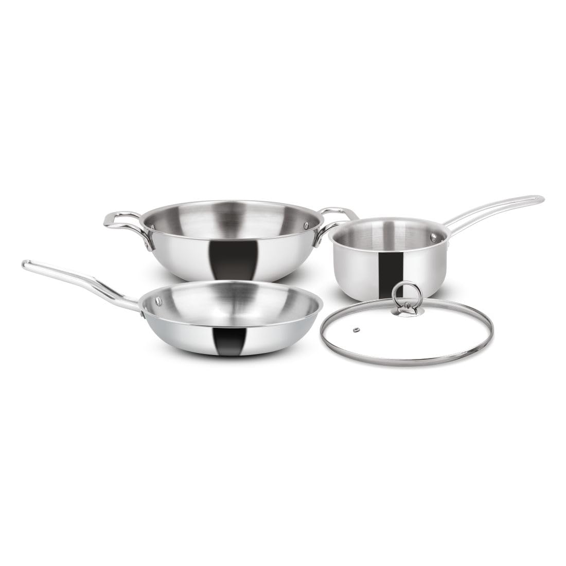 Orange Triply Stainless Steel Cookware 4 Pc Combo Set | 1Pc Deep Kadai(24cm/3Ltr), 1Pc Fry Pan(22cm/1.5Ltr), 1Pc Sauce Pan((14cm/1.8ltr) with 1Pc Sturdy Glass Lid | Induction Friendly | Silver Orange Triply Stainless Steel Cookware 4 Pc Combo Set | 1Pc Deep Kadai(24cm/3Ltr), 1Pc Fry Pan(22cm/1.5Ltr), 1Pc Sauce Pan((14cm/1.8ltr) with 1Pc Sturdy Glass Lid | Induction Friendly | Silver