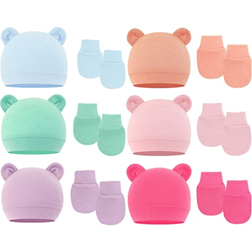 Image of 12 Pieces Newborn Baby Preemie Hats and Mittens Set No Scratch Preemie Gloves Cotton Beanie Hospital Cap for 0-6 Months