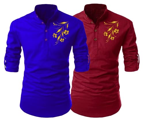 Image of DEELMO Men's Cotton Blend Floral Print Casual Kurta Shirt (Pack of 2)