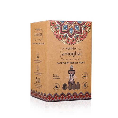 Image of Amogha Backflow Incense Cones | Pack of 40 | Long-Lasting Aromatic Cones for Meditation, Relaxation & Rejuvenation | 3 Fragrances | Stress Relief & Air Purification | Home & Office Use.