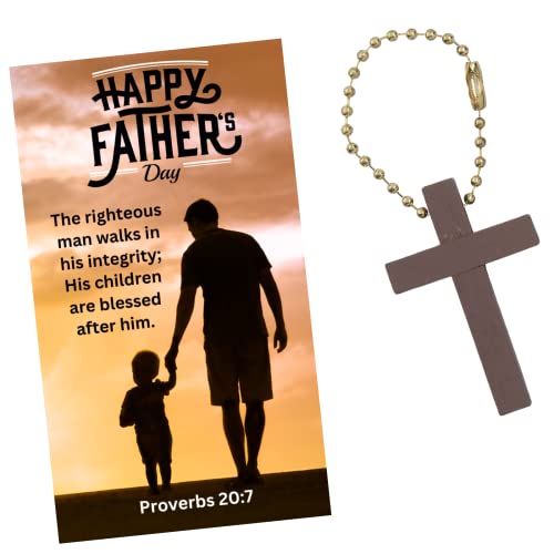 Set of 12 Happy Fathers Day Man of God Wooden Cross Keychains With Bible Verse Pocket Cards Father's Day Gifts For Church Men In Bulk Christian Men's Ministry Bible Verse Proverbs 20 7
