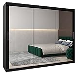 ABIKSMEBLE Tokyo 3 250 Armario de Dormitorios con Tres Puertas Correderas - Armario de Almacenamiento Moderno con Espejo, Perchero y Estantes - 250x200x62 cm - Negro Mate