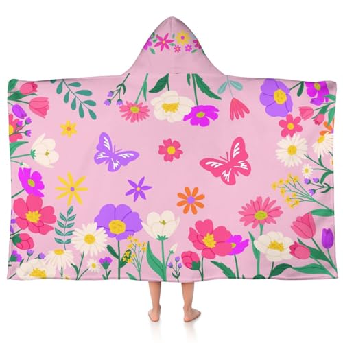 Kids Hooded Bath Towel 30x50 Inch Pink Flower Butterfly Beach Towel Girls