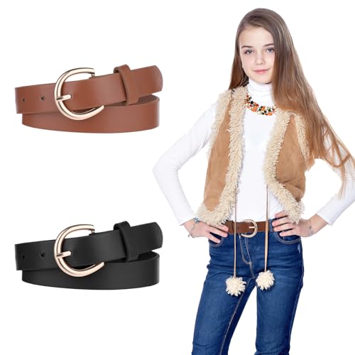 Molain 2 Pack Girls Belt, 32.3 Inch Kids Elastic Belt PU Leather Waist Belt with Double O Ring Buckle for Dress Pants Jeans