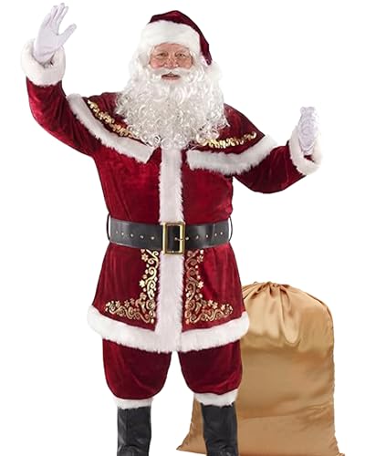 EOZY 11 Pieces Mens Christmas Santa Claus Costume Outfits Luxury Santa Suit Adults Cosplay Xmas Party Novelty Tops Pants Fancy Clothes Set