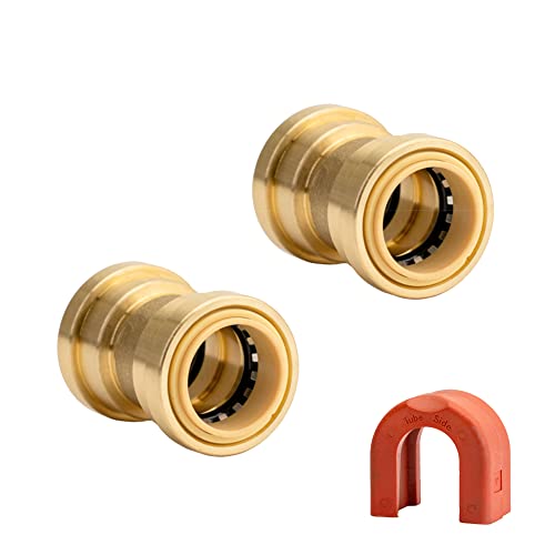 QuickFitting 1 Inch Straight Coupling, Push to Connect Brass Plumbing Fitting with Slip Clip Disconnect Tool, for Copper, PEX and CPVC, 2 Pack