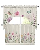 Swag Valances Window for Kitchen 3PCS, Daisy Flower Butterfly Mori Girl Style Pole Pocket 1 Swag Valance and 2 Tiers Small Treatment Curtain Treatment Panel Set for Cafe Bathroom Dining Room