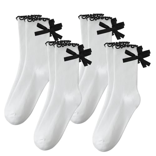 Image of 4 Pairs Womens Bow Socks,Cute Frilly Ruffle Casual Crew Socks, Soft Breathable Cotton JK Bow Socks