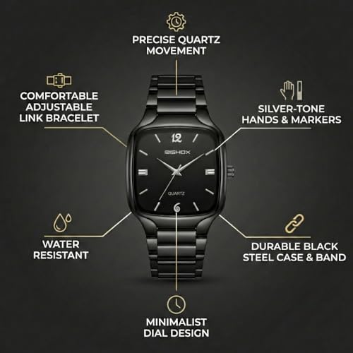 Image of Men's Analog Watch | Black Dial Square Stainless Steel Strap | Slim Quartz Wrist Watch for Men & Boys | Stylish Formal Casual Water Resistant Watch