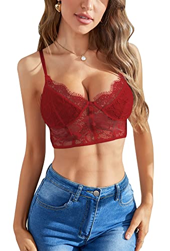 Lilosy Sexy Wirefree Lingerie Floral Lace Crop Cami Tank Top Women Sheer Longline Bralette Night Out Party Bra Burgundy Medium #TOP3