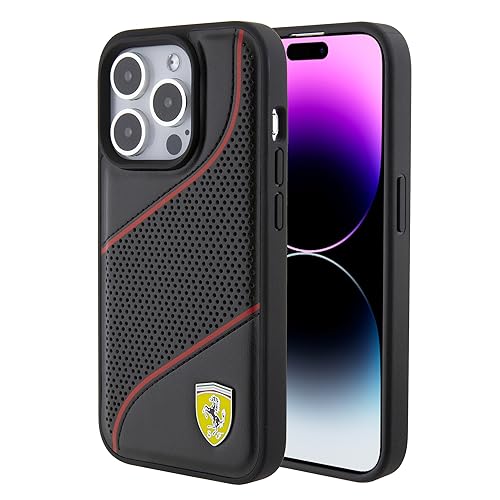 CG Mobile Ferrari – Coque de téléphone Compatible avec iPhone 15 Pro en Noir perforé incliné, Cuir PU, Anti-Rayures, étui de Protection Lisse avec Facile à Clipser, Absorption des Chocs et Logo