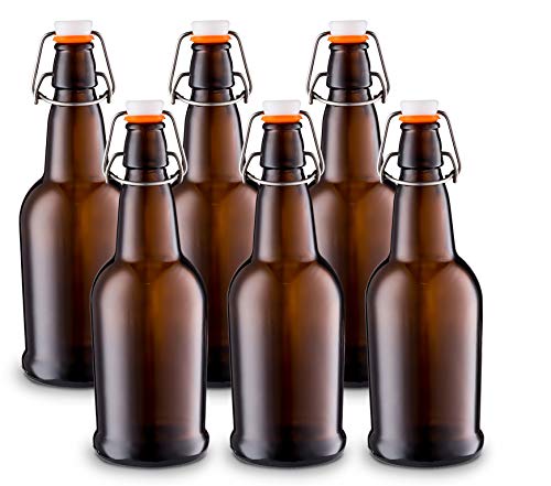 Home Brewing Glass Beer Bottle with Easy Wire Swing Cap & Airtight Rubber Seal Amber - 16oz - Case of 6 - by Tiabo