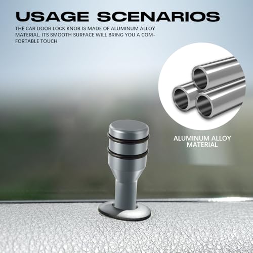 HABNVUON 4PCS Car Door Lock Knobs, Automotive Door Lock Switches, 1.93\" x 0.47\" Aluminum Alloy Car Inner Bolt Pin Cover, Auto Accessories Safety Auto Interior Pull Pins Fit for Most Vehicles (Gray) - Thumbnail 3