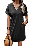 SOLY HUX T-Shirt Dress for Women V Neck Short Sleeve Basic Tunic Top T Shirt Dresses Casual Dress with Pockets Solid Dark Grey M