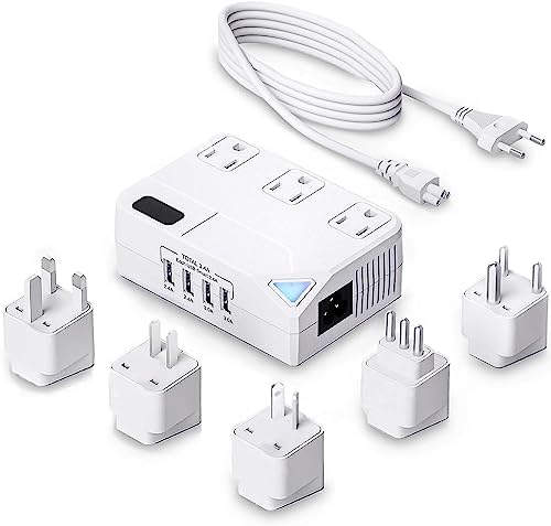 Universal 100V-220V Travel Adapter, 250Wvoltage Converter with 4 USB Charging Ports and 3 AC Plugs for Curling Irons, straighteners, Included Plugs are A, C, D, G, I, L Type.
