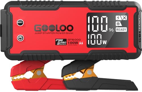 GOOLOO GT6000 Jump Starter 6000A 100W 2-Way Fast Charging, 12V Portable Car Battery Booster Pack,IP65 Power Bank Charger Box with Jumper Cables for all gasoline or 10L diesel engines