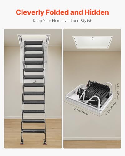 Image of VEVOR Attic Ladder, 660LBS /299.4KG Capacity, Fits 10.5 to 11 ft Ceiling Height and 39.4 x 27.5 inch Opening Size, Alloy Steel Pull-Down Retractable Ceiling Stair with Pulling Rod for Attic Loft Roof