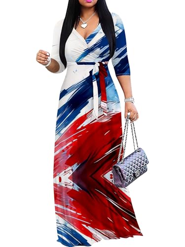 Image of PinkPatty Plus Size Maxi Dresses for Women Casual Flowy Long Dress 3 /4 Sleeve V Neck Wrap Dress with Belt