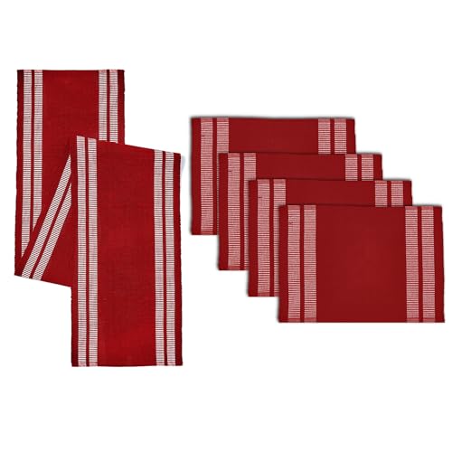 Encasa XO Camino de Mesa y Juego de Manteles Individuales 4 | Algodón de Costura Fina | Escalera Roja | 1 Camino de Mesa de 32x137 cm y Cada Mantel Individual de 48x32 cm