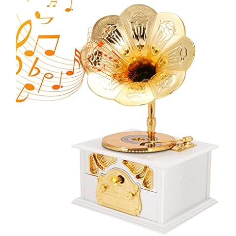 Gramophone Music Box, AIMMIE Phonograph Music Box with Simulated Speaker Drawer and Moving Turntable Musical Crafts Mini Music Box Home Dec Birthday for Lover Friends Children (White) Cover